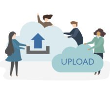 Illustration of people with uploading symbol