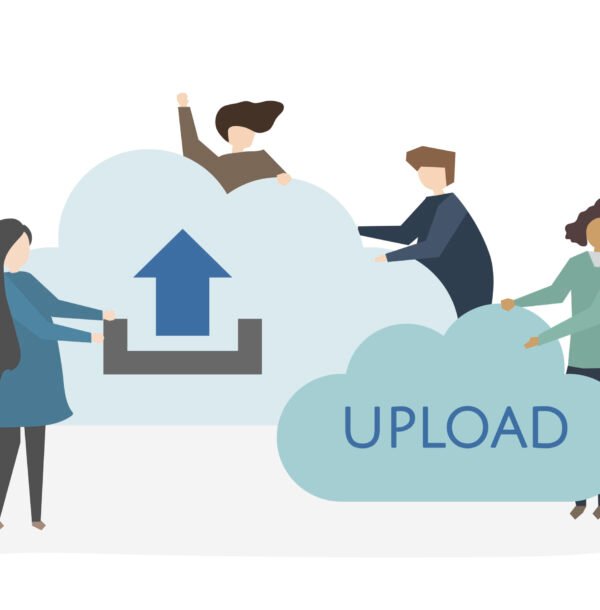 Illustration of people with uploading symbol