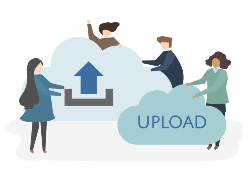 Illustration of people with uploading symbol