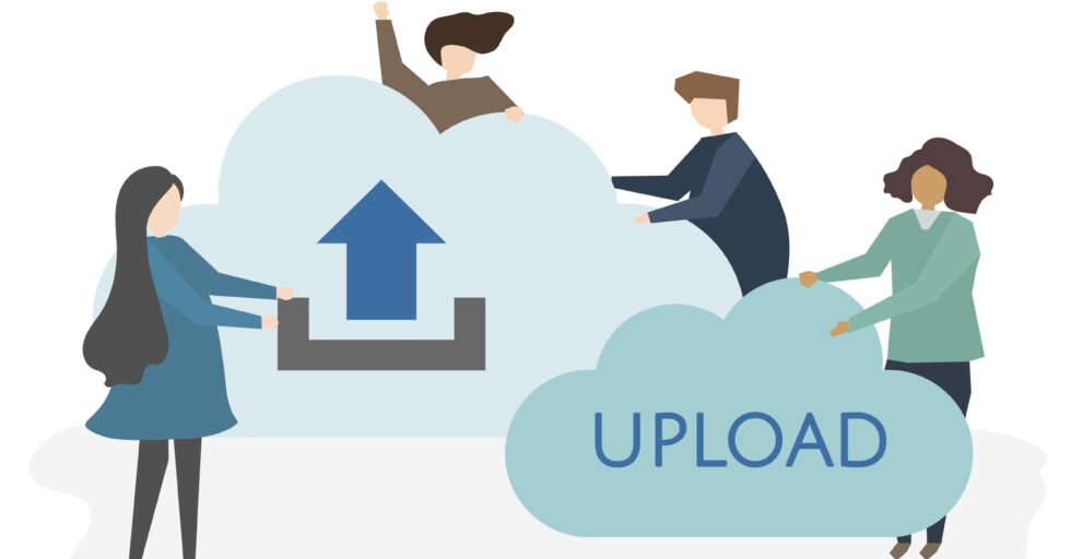 Illustration of people with uploading symbol